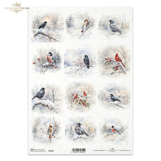 ITD Collection, Rice Paper, Decoupage, Mixed Media, Winter, Birds, Snow, Squares, Ornaments, R2490, A4, 8.27x11.7 Mixed Media