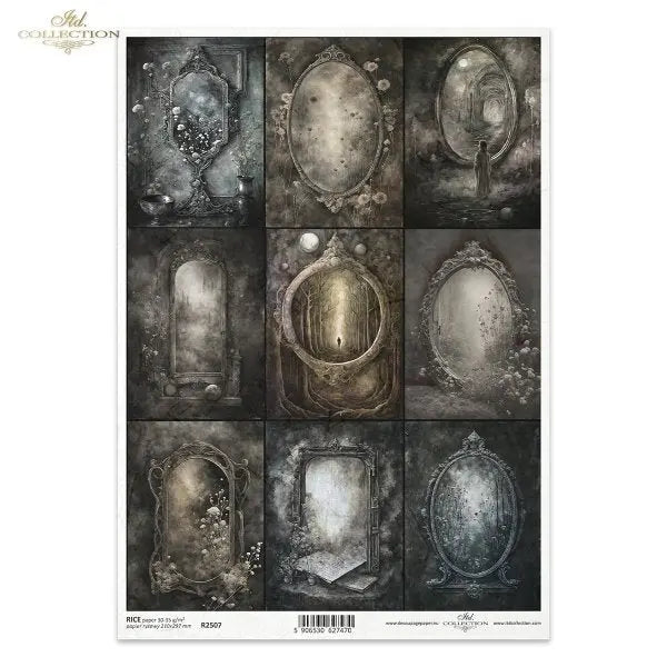 ITD Collection, Rice Paper, Decoupage, Mixed Media, Dark, Haunting, Gothic, Squares, Frames, Mirrors, R2507, A4, 8.27x11.7 ITD Collection