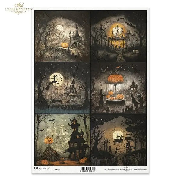ITD Collection, Rice Paper, Decoupage, Dark, Haunting, Gothic, Characters, Halloween, Squares, Tags, Cards, Fantasy, R2508, A4, 8.27x11.7 ITD Collection