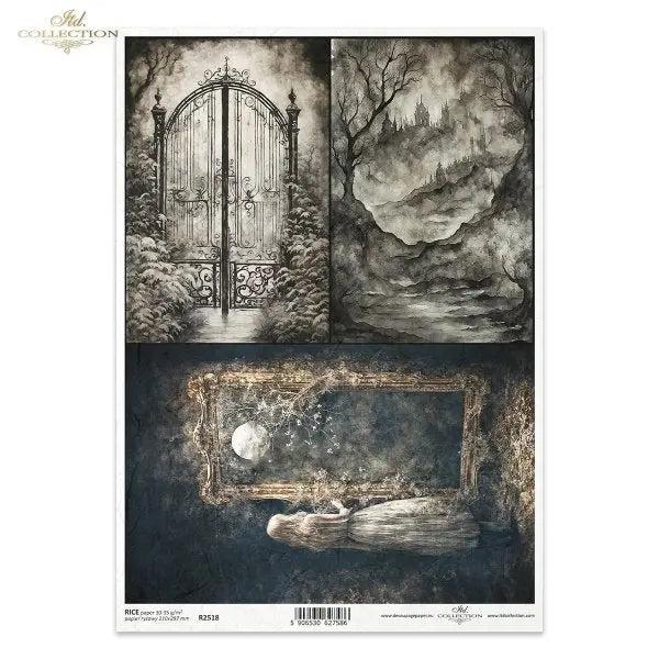 ITD Collection, Rice Paper, Decoupage, Dark, Haunting, Gothic, Gate, Landscape, R2518, A4, 8.27x11.7 ITD Collection