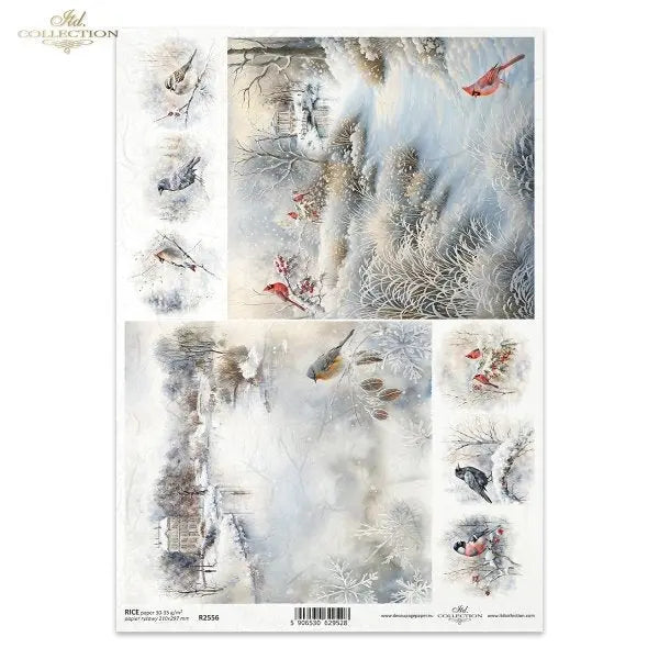 ITD Collection, Rice Paper, Winter, Birds, Landscapes, Snow Scenes, Decoupage, Mixed Media, Squares, A4, R2556, 8.27x11.7 ITD Collection