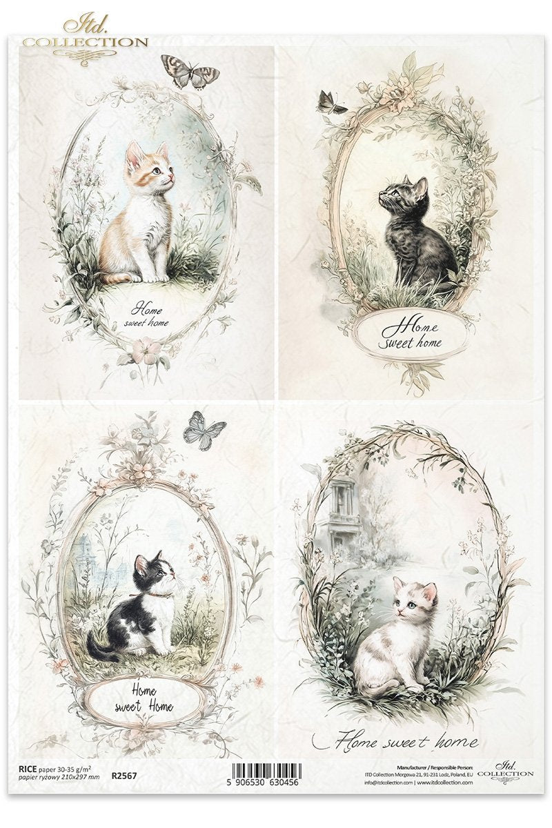 ITD Collection, Rice Paper, Decoupage, R2567, A4, 8.27x11.7 , Shabby Chic, Vintage Style, Kittens, Cats, Flowers, Squares, Mixed Media