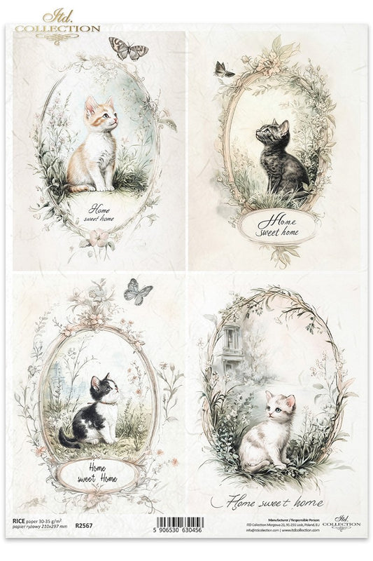 ITD Collection, Rice Paper, Decoupage, R2567, A4, 8.27x11.7 , Shabby Chic, Vintage Style, Kittens, Cats, Flowers, Squares, Mixed Media