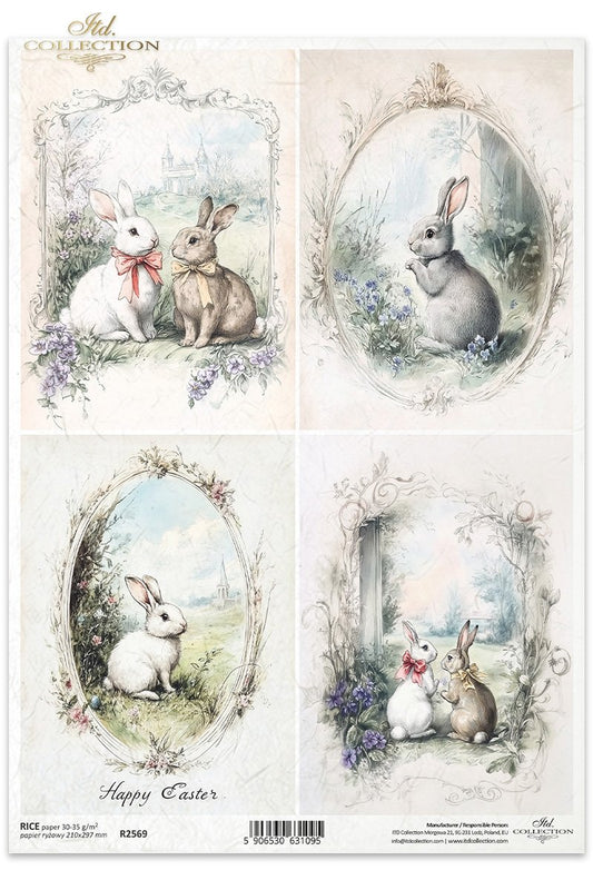 ITD Collection, Rice Paper, Decoupage, R2569, A4, 8.27x11.7 , Shabby Chic, Vintage Style, Easter, Bunnies. Rabbits, Flowers, Mixed Media