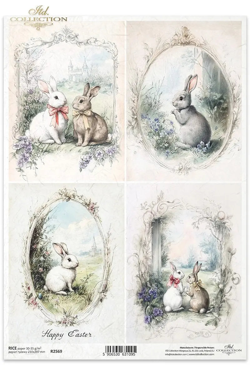 ITD Collection, Rice Paper, Decoupage, R2569, A4, 8.27x11.7 , Shabby Chic, Vintage Style, Easter, Bunnies. Rabbits, Flowers, Mixed Media ITD Collection