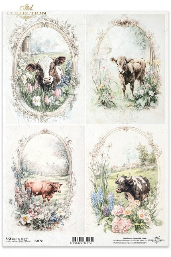 ITD Collection, Rice Paper, Decoupage, R2570, A4, 8.27x11.7 , Shabby Chic, Vintage Style, Tags, Cows, Flowers, Squares, Mixed Media