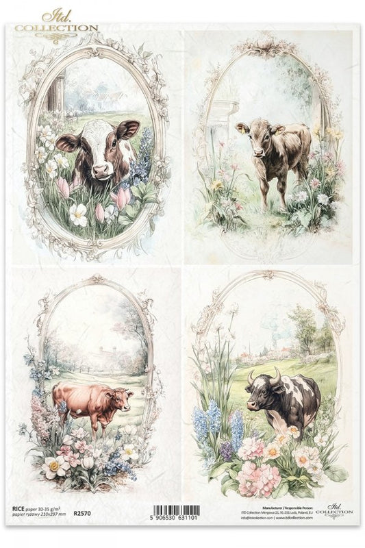 ITD Collection, Rice Paper, Decoupage,  R2570, A4, 8.27x11.7 , Shabby Chic, Vintage Style, Tags, Cows, Flowers, Squares, Mixed Media