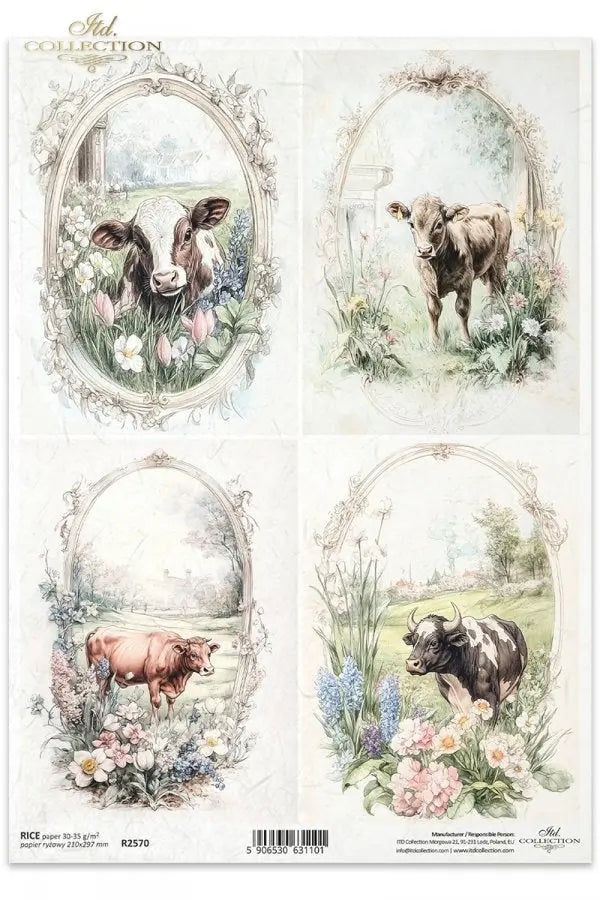 ITD Collection, Rice Paper, Decoupage, R2570, A4, 8.27x11.7 , Shabby Chic, Vintage Style, Tags, Cows, Flowers, Squares, Mixed Media ITD Collection