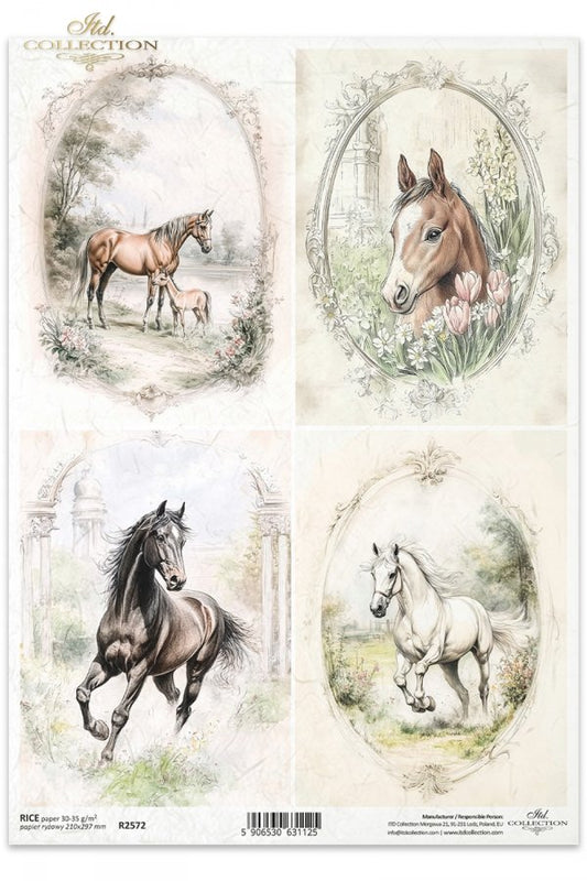 ITD Collection, Rice Paper, Decoupage, R2572, A4, 8.27x11.7 , Shabby Chic, Vintage Style, Tags, Horses, Colts, Flowers, Squares, Mixed Media