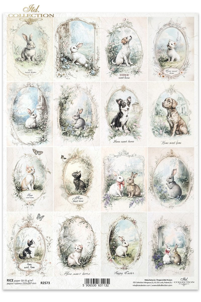 ITD Collection, Rice Paper, Decoupage, R2573, A4, 8.27x11.7 , Shabby Chic, Vintage Style, Tags, Puppies, Kittens, Bunnies, Mixed Media