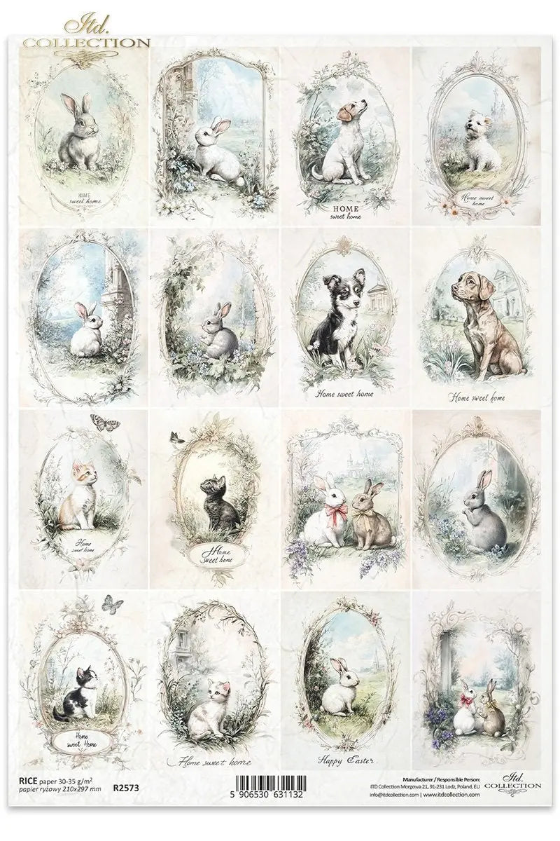 ITD Collection, Rice Paper, Decoupage, R2573, A4, 8.27x11.7 , Shabby Chic, Vintage Style, Tags, Puppies, Kittens, Bunnies, Mixed Media ITD Collection