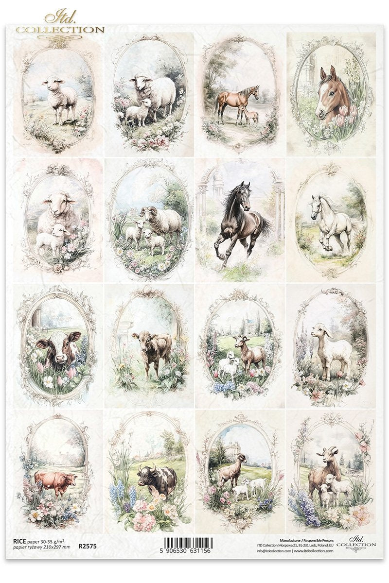 ITD Collection, Rice Paper, Decoupage, R2575, A4, 8.27x11.7 , Shabby Chic, Vintage Style, Tags, Horses, Cows, Squares, Mixed Media