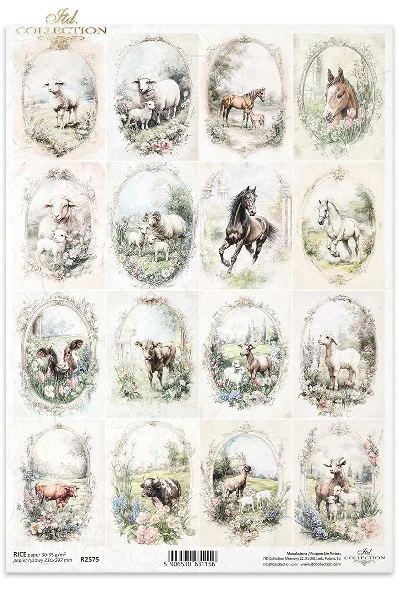 ITD Collection, Rice Paper, Decoupage, R2575, A4, 8.27x11.7 , Shabby Chic, Vintage Style, Tags, Horses, Cows, Squares, Mixed Media ITD Collection