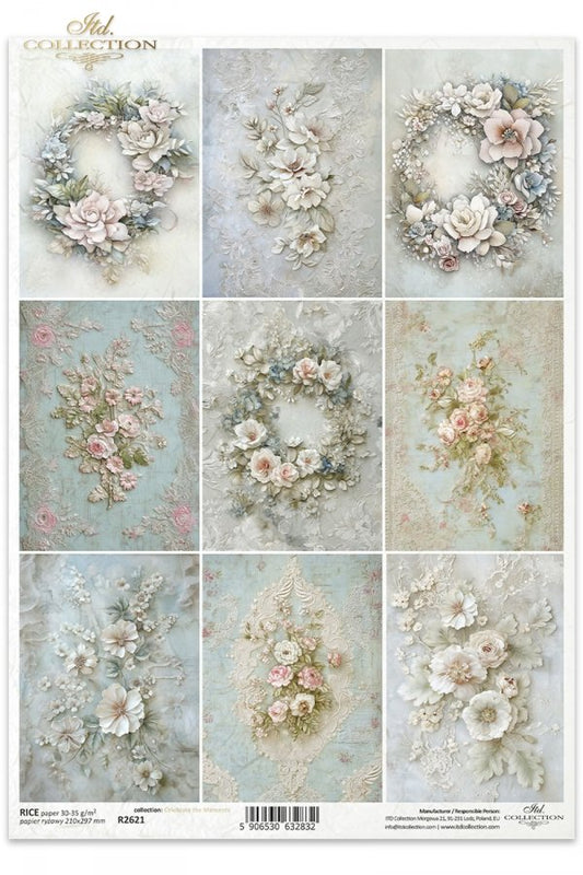ITD Collection, Rice Paper, Flowers, Floral, Bouquets, Squares, Tags, Shabby Chic, Decoupage, Mixed Media
