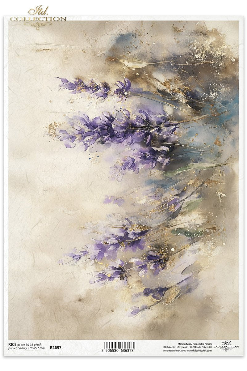 ITD Collection, Rice Paper, Watercolor Florals, Purple, Gold, Pastels, Flowers, Lavender, Decoupage, Mixed Media, R2697, A4, 8.27x11.7