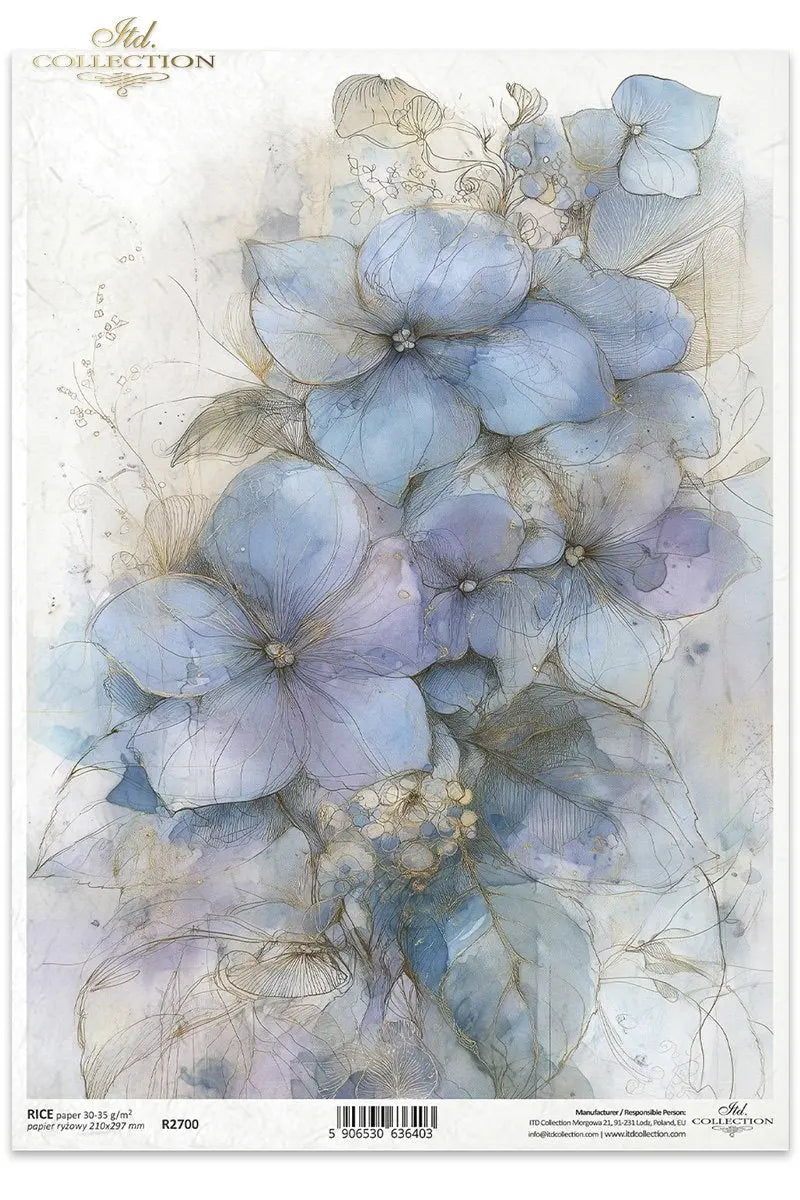 ITD Collection, Rice Paper, Watercolor Florals, Blue, Gold, Pastels, Flowers, Background, Decoupage, Mixed Media, R2700, A4, 8.27x11.7 ITD Collection