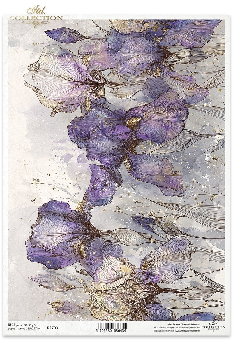 ITD Collection, Rice Paper, Watercolor Florals, Purple, Gold, Pastels, Flowers, Background, Decoupage, Mixed Media, R2703, A4, 8.27x11.7