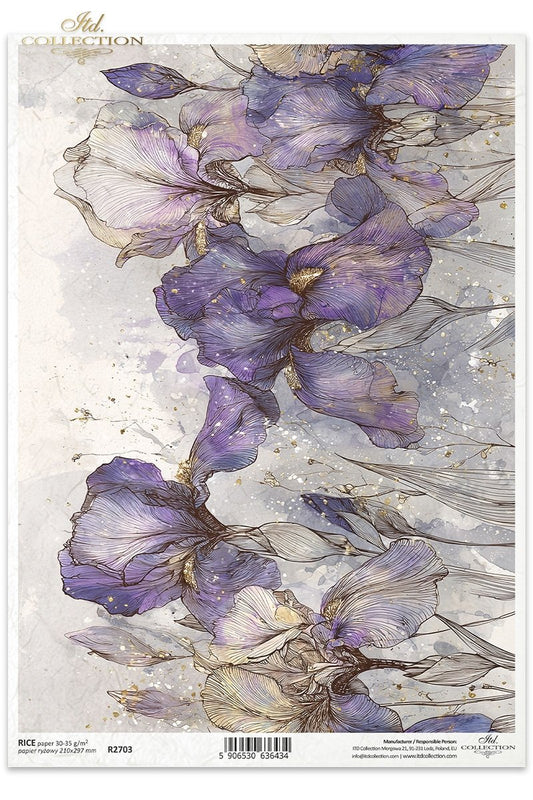 ITD Collection, Rice Paper, Watercolor Florals, Purple, Gold, Pastels, Flowers, Background, Decoupage, Mixed Media, R2703, A4, 8.27x11.7