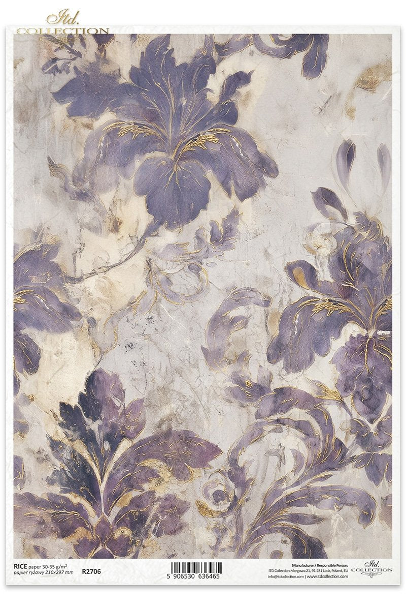 ITD Collection, Rice Paper, Watercolor Florals, Purple, Gold, Pastels, Flowers, Background, Decoupage, Mixed Media, R2706, A4, 8.27x11.7