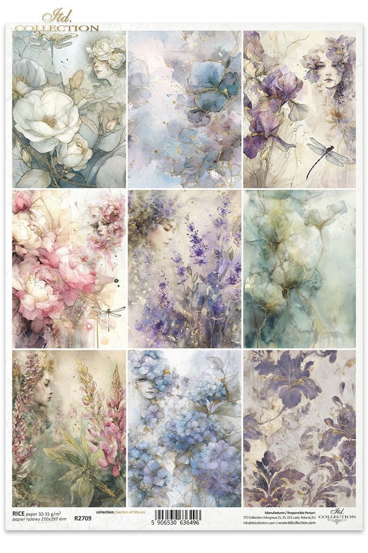 ITD Collection, Rice Paper, Watercolor Florals, Squares, Tags, Pastels, Flowers, Decoupage, Mixed Media, R2709, A4, 8.27x11.7