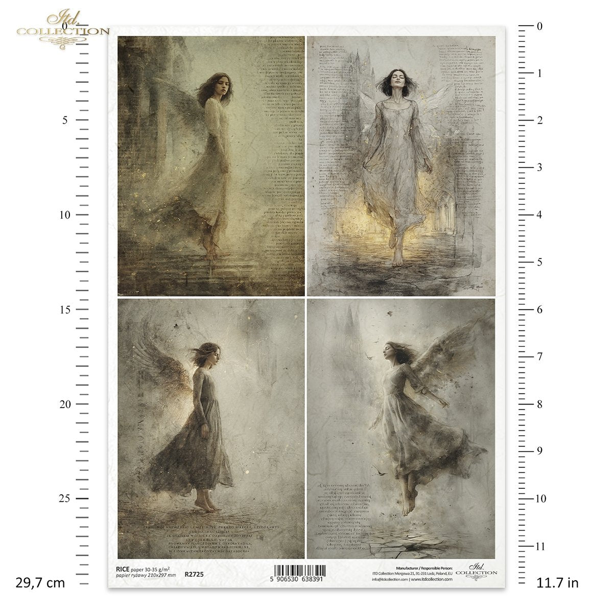ITD Collection Rice Paper for Decoupage, Gothic Angels, Female Figures with Airy Dresses, Dark Vintage, Mixed Media, Scrapbooking, A4