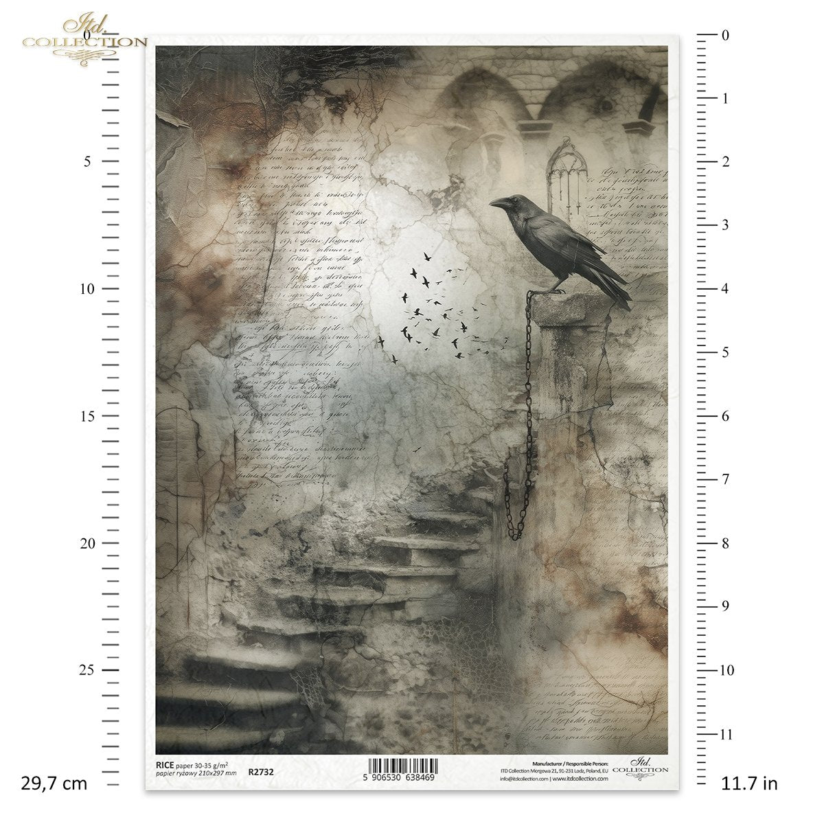 ITD Collection Rice Paper for Decoupage, Mysterious Gothic Ravens, Staircase, Dark Vintage, Mixed Media, Scrapbooking, A4