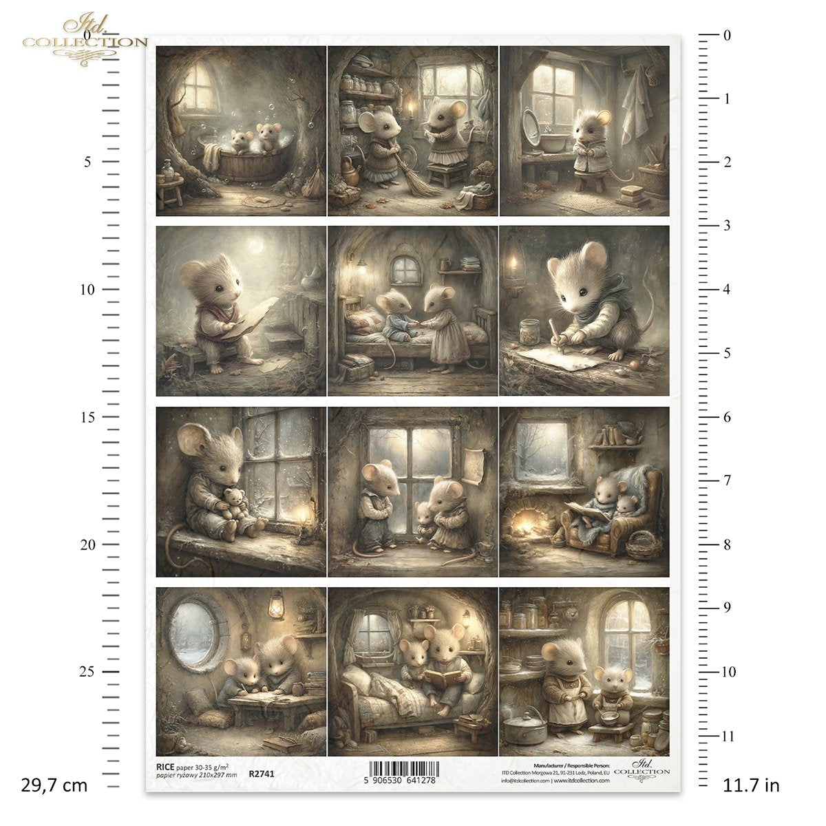 ITD Collection Rice Paper for Decoupage, Mice, Home, Fairytale Scenes, Fireplaces, Squares, Mouse World Collection, A4