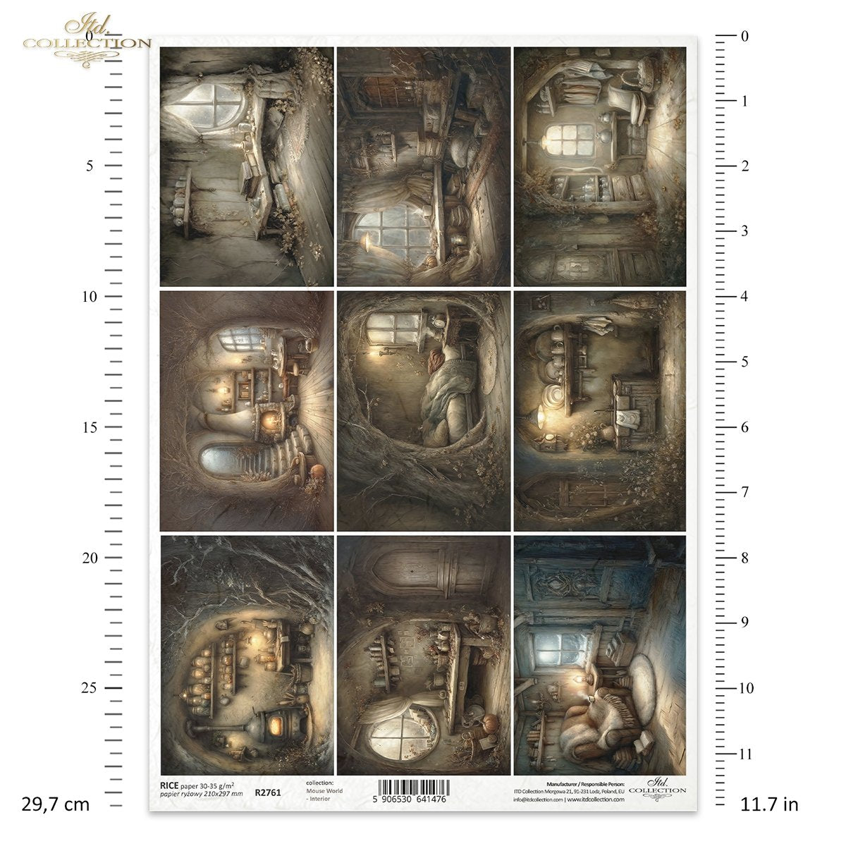 ITD Collection Rice Paper for Decoupage, Mouse House Interiors, Fairytale Scenes, Fireplaces, Squares, Mouse World Collection, A4