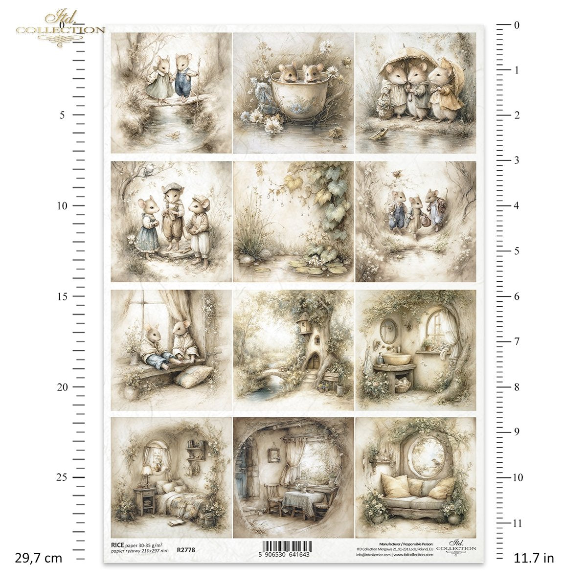 ITD Collection Rice Paper for Decoupage, Mice House, Nature Forest Squares, Mouse World Collection, Spring landscapes, A4