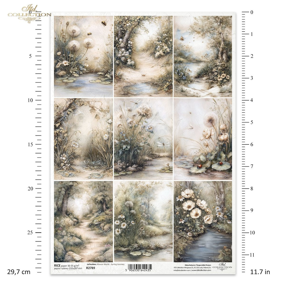 ITD Collection Rice Paper for Decoupage, Nature Forest Squares, Mouse World Collection, Spring landscapes, A4