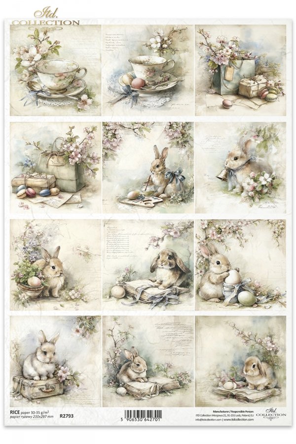 ITD Collection Rice Paper, Bunnies, Teacups, Florals and Eggs, Squares, Scrapbooking, Decoupage, Mixed Media, A4, 8.27x11.7