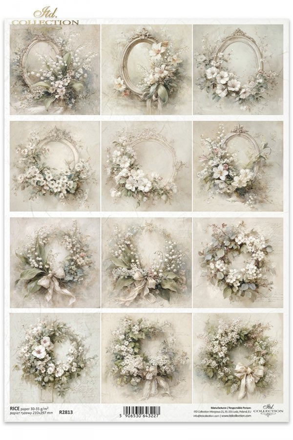 ITD Collection Rice Paper, Spring Floral Wreaths, Squares, Scrapbooking, Decoupage, Mixed Media, A4, 8.27x11.7