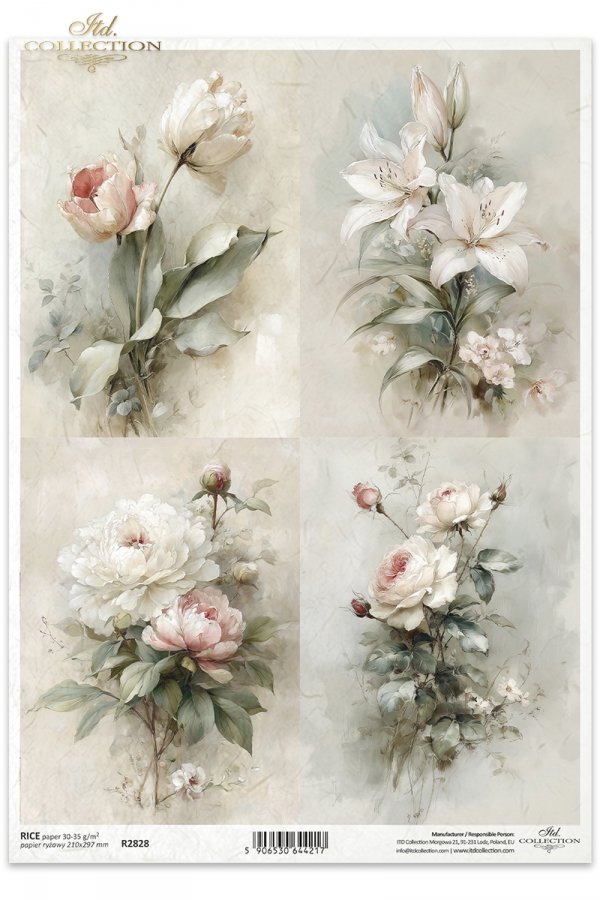 ITD Collection Rice Paper, Vintage Floral Bouquets, White Flowers, Scrapbooking, Decoupage, Mixed Media, A4, 8.27x11.7