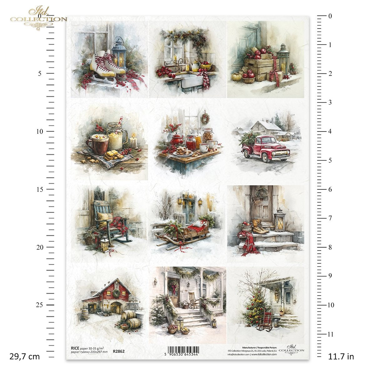 ITD Collection Rice Paper, Christmas Themed Holiday Decorations, Winter, Squares, Decoupage, Mixed Media, A4 8.27x11.7