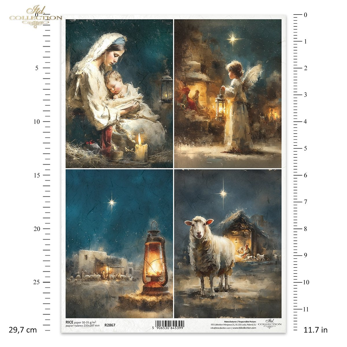 ITD Collection Rice Paper, Christmas Nativity, Mary and Jesus, Angel, Sheep, Bethlehem Star, Decoupage, Mixed Media, A4 8.27x11.7