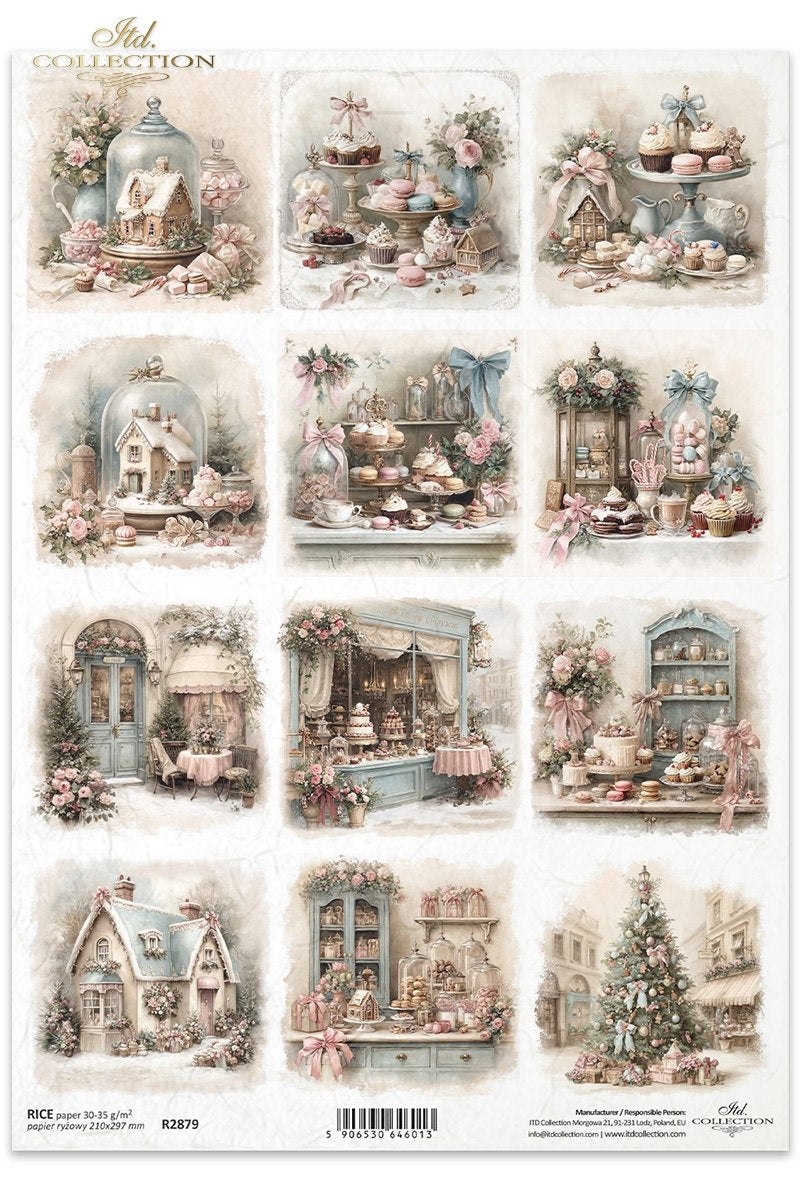 ITD Collection Rice Paper, Christmas Treats, Holiday Cakes, Squares, Tags, Shabby Chic, Decoupage, Mixed Media, A4, 8.27x11.7