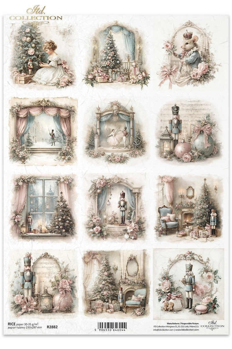 ITD Collection Rice Paper, Christmas Winter Scenes, Squares, Tags, Shabby Chic, Decoupage, Mixed Media, A4, 8.27x11.7