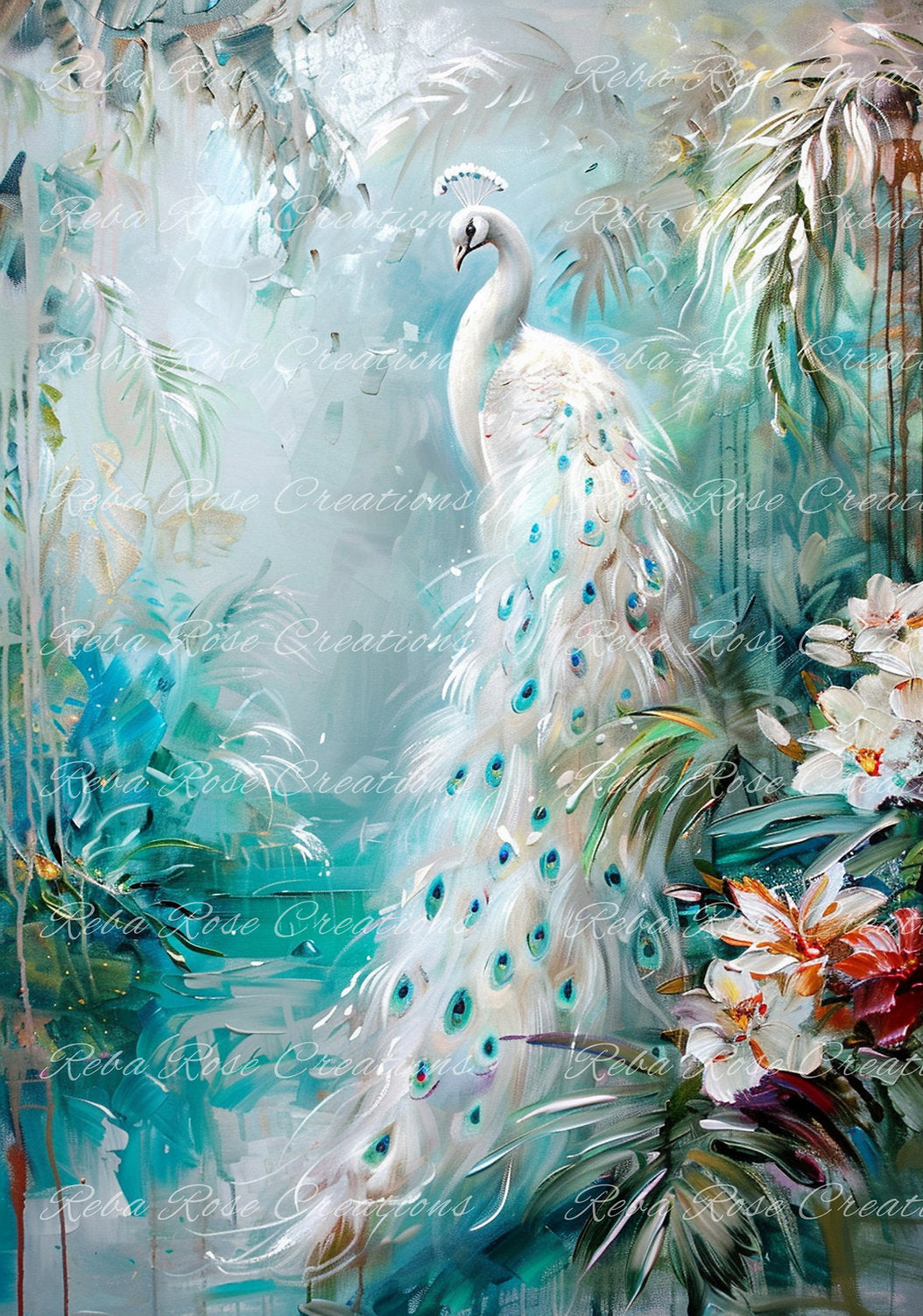 Reba Rose Creations, Rice Paper for Decoupage, White Peacock, Shabby Chic, Mixed Media, 1016, A4, 8.27 X 11.6