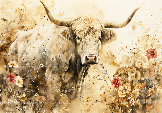 Reba Rose Creations, Rice Paper for Decoupage, Highlander, Cow, Country, 1154, A4, 8.27 X 11.6