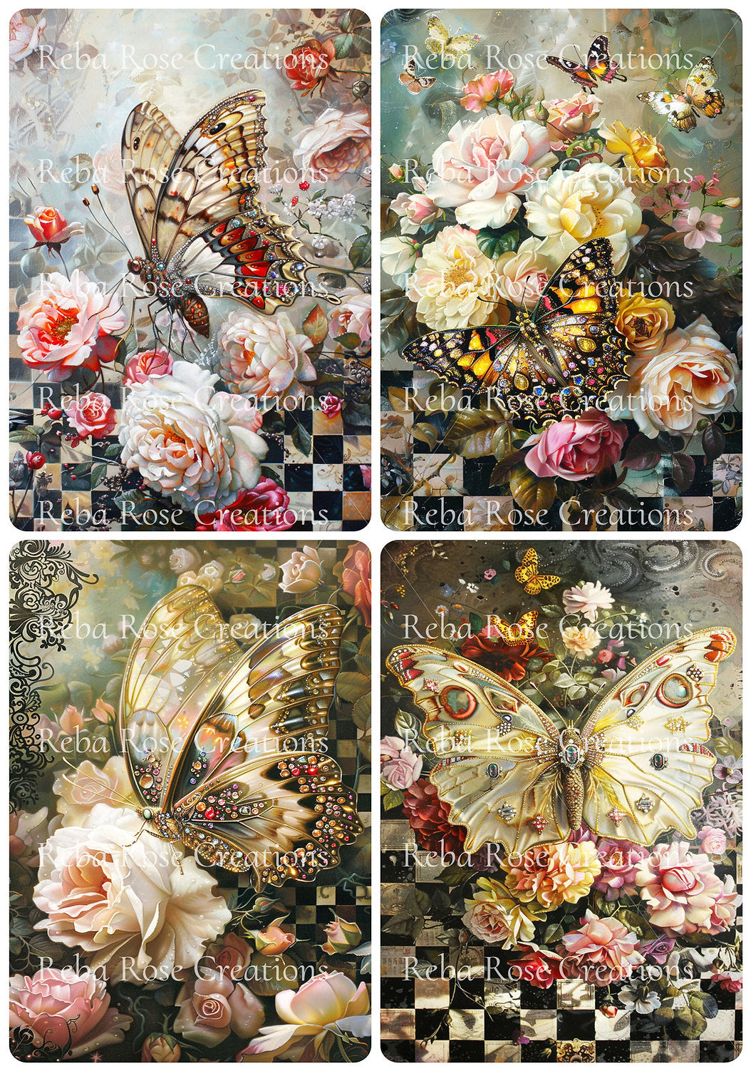Reba Rose Creations, Rice Paper, Decoupage, Butterflies, Pink, Roses, Squares, Shabby Chic, 1158, A4 8.27 X 11.6