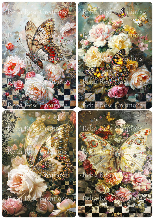 Reba Rose Creations, Rice Paper, Decoupage, Butterflies, Pink, Roses, Squares, Shabby Chic, 1158, A4 8.27 X 11.6