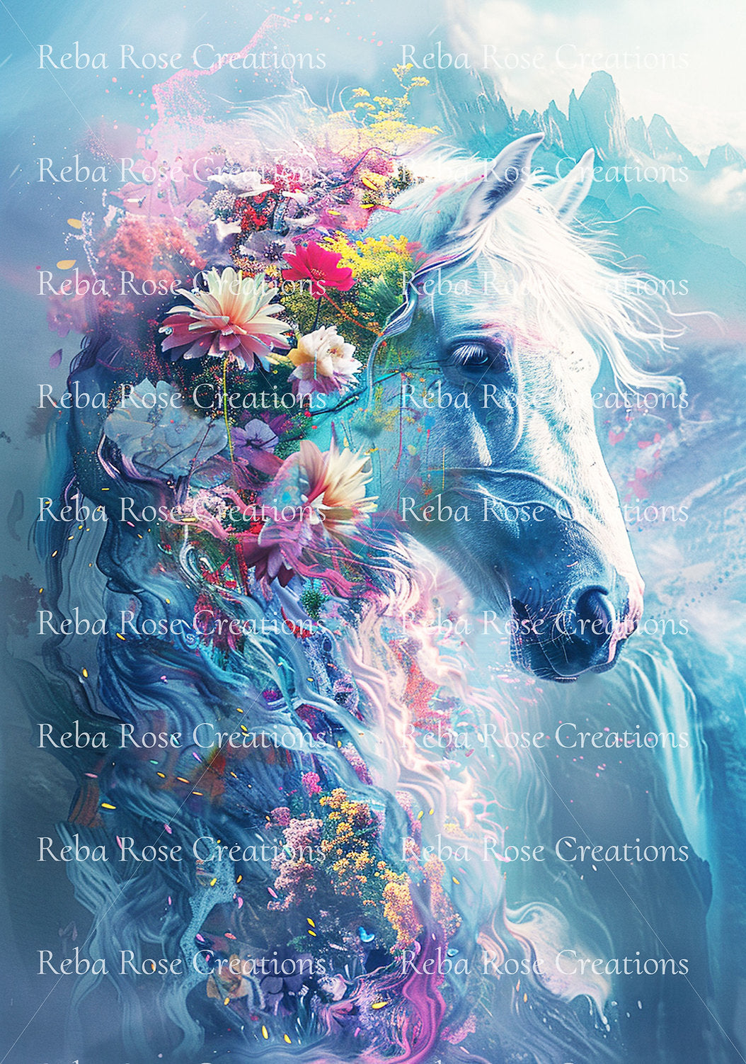 Reba Rose Creations, Rice Paper for Decoupage, Horse, Pink Flowers, Shabby Chic, 1164, A4, 8.27 X 11.6