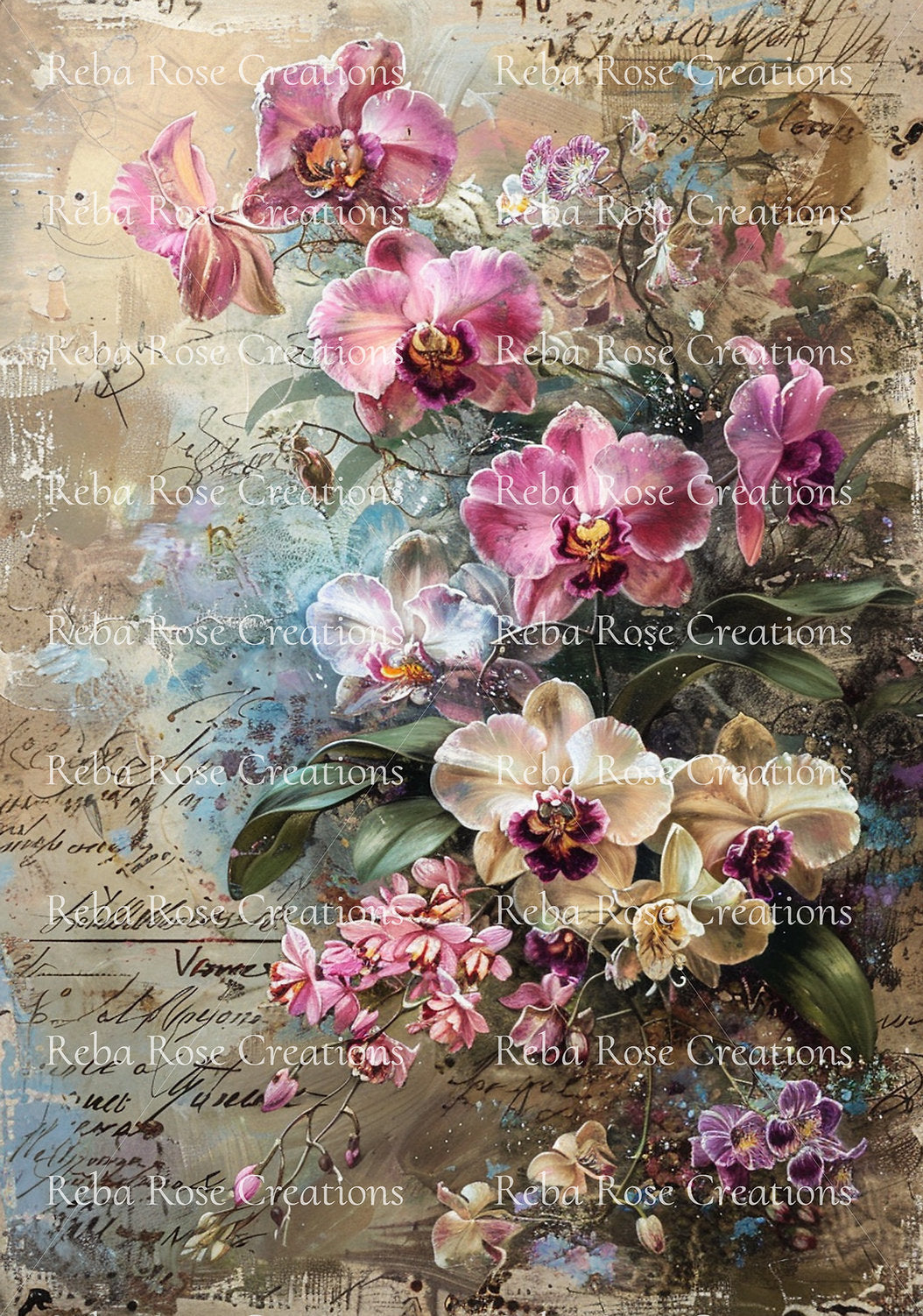 Reba Rose Creations, Rice Paper for Decoupage, Orchids, Flowers, Shabby Chic, 1165, A4, 8.27 X 11.6