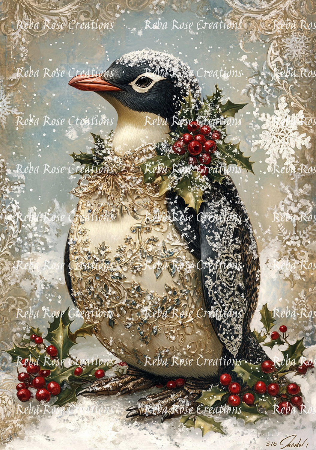 Reba Rose Creations, Rice Paper for Decoupage, Christmas, Penguin, Holly Berries, Shabby Chic, 1365, A4, 8.27 X 11.6