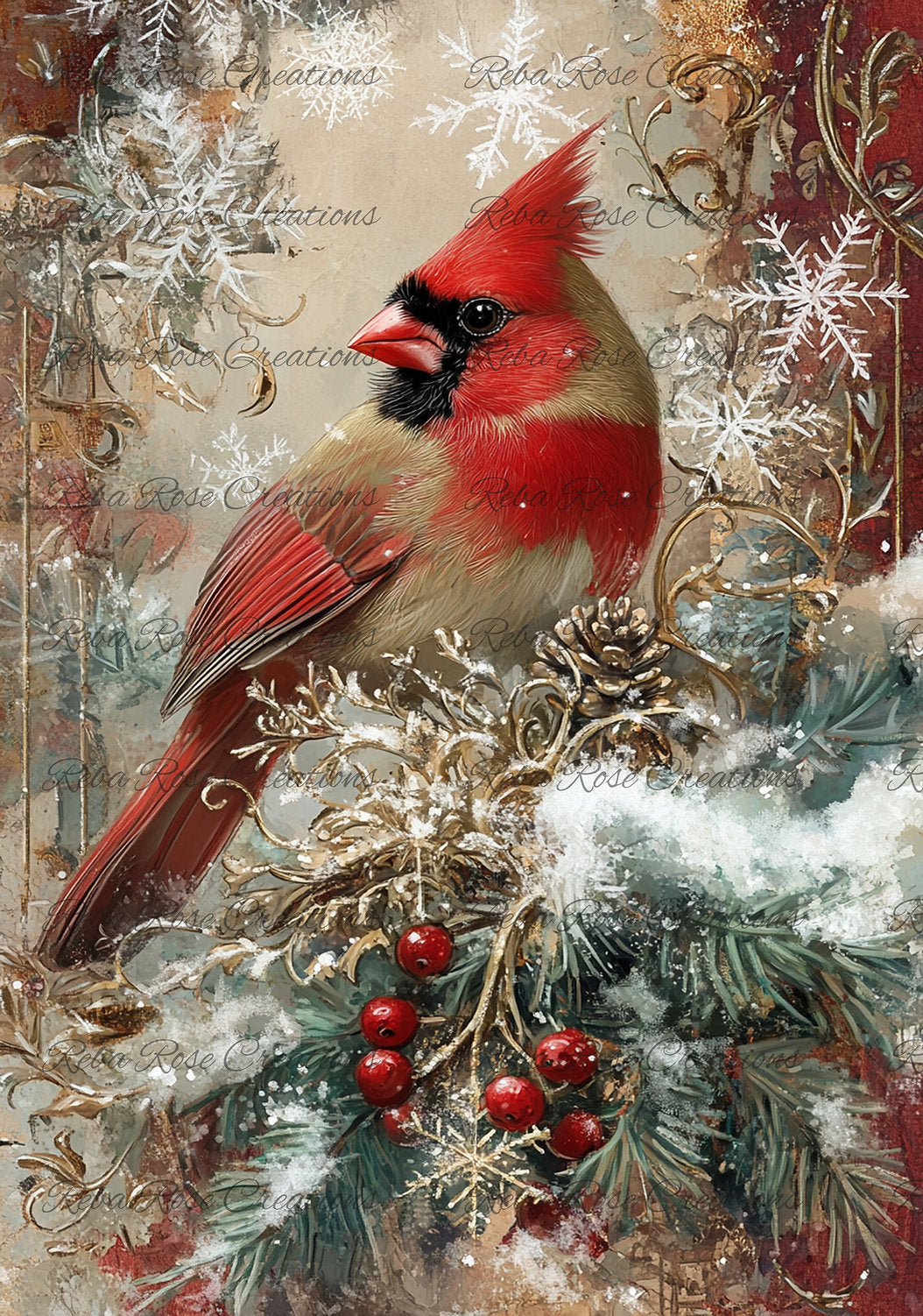Reba Rose Creations, Rice Paper for Decoupage, Christmas, Red Cardinal, Shabby Chic, 1384, A4, 8.27 X 11.6