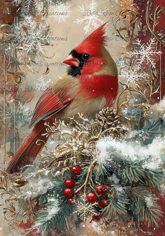 Reba Rose Creations, Rice Paper for Decoupage, Christmas, Red Cardinal, Shabby Chic, 1384, A4, 8.27 X 11.6