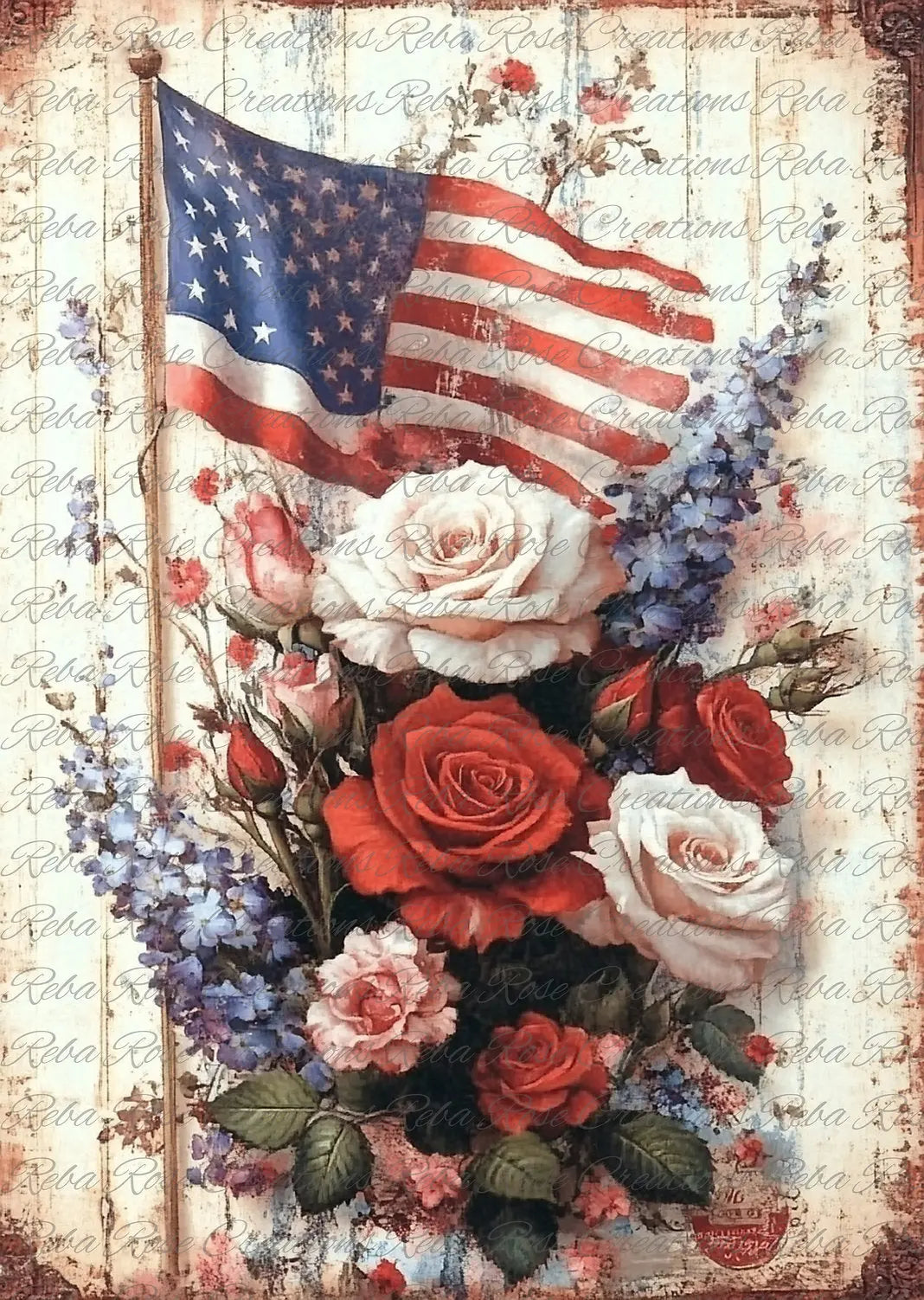 Reba Rose Creations, Rice Paper for Decoupage, Mixed Media, American Flag, Roses Bouquet, Memorial Day, Memory, Patriotic Reba Rose