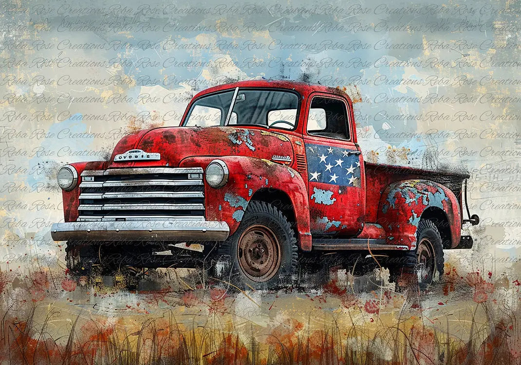 Reba Rose Creations, Rice Paper for Decoupage, Mixed Media, Old Red Vintage Truck, American Flag, Patriotic, A4 Reba Rose
