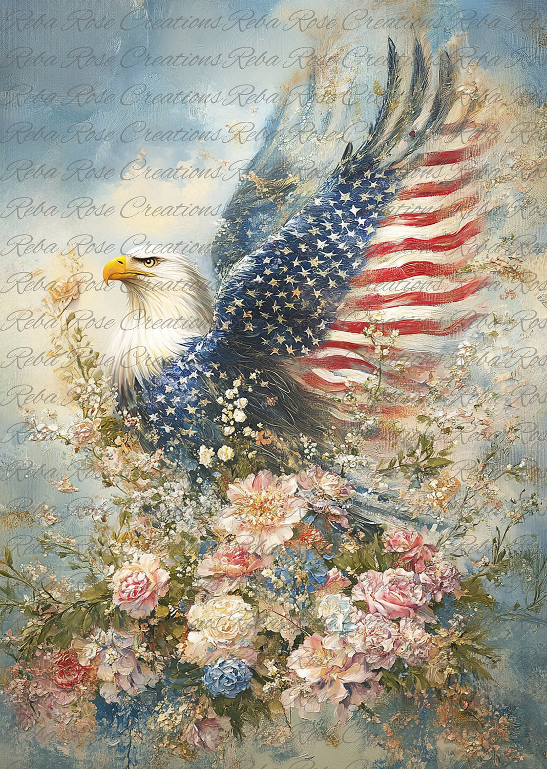 Reba Rose Creations, Rice Paper for Decoupage, Mixed Media, Eagle, Roses, American Flag, Patriotic, Wings of Freedom