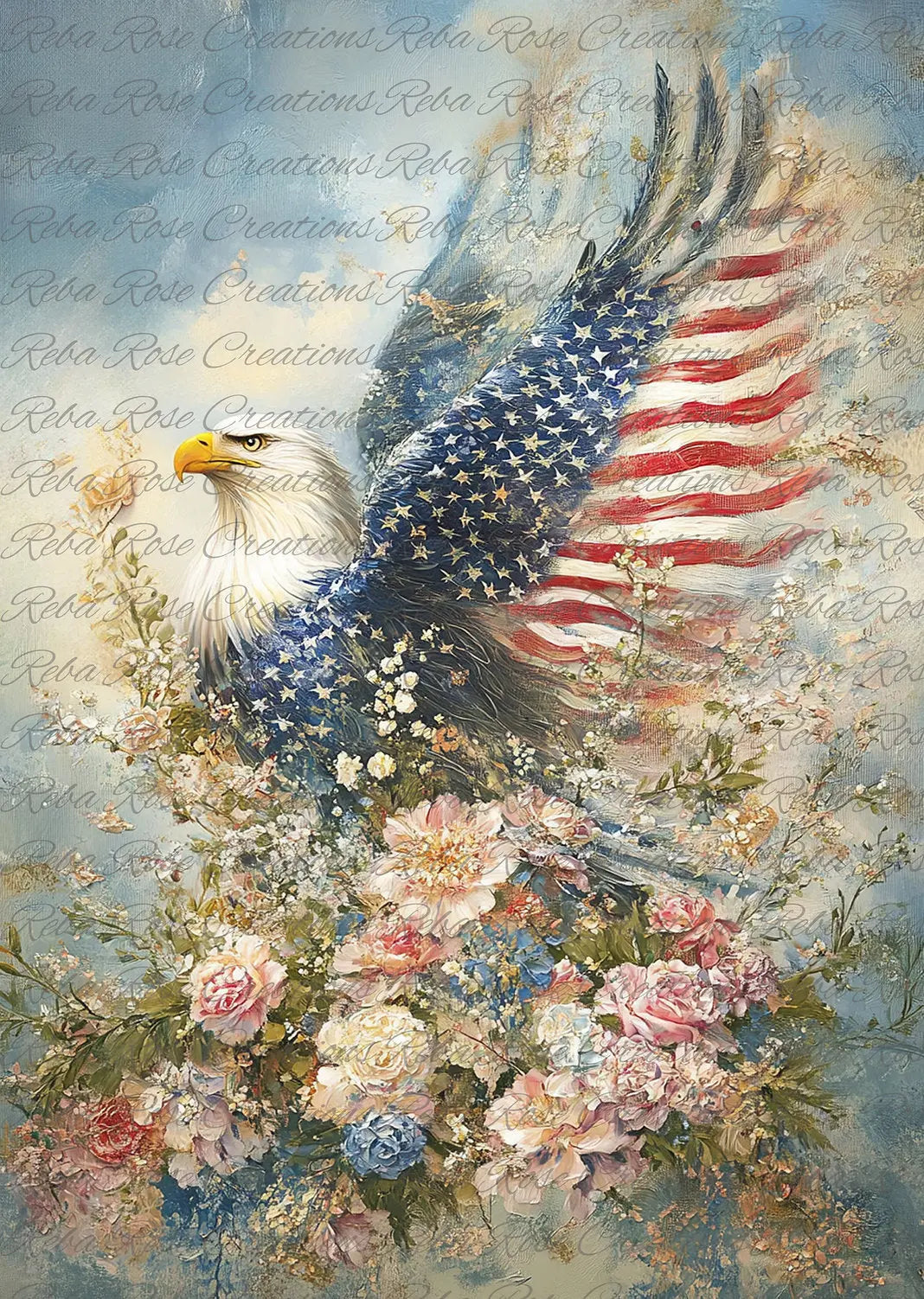 Reba Rose Creations, Rice Paper for Decoupage, Mixed Media, Eagle, Roses, American Flag, Patriotic, Wings of Freedom Reba Rose